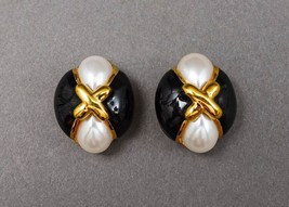 St. John Vintage Gold Tone Faux Pearl Black Enamel Statement Clip Earrings - £79.74 GBP