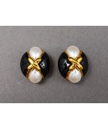 St. John Vintage Gold Tone Faux Pearl Black Enamel Statement Clip Earrings - £78.17 GBP