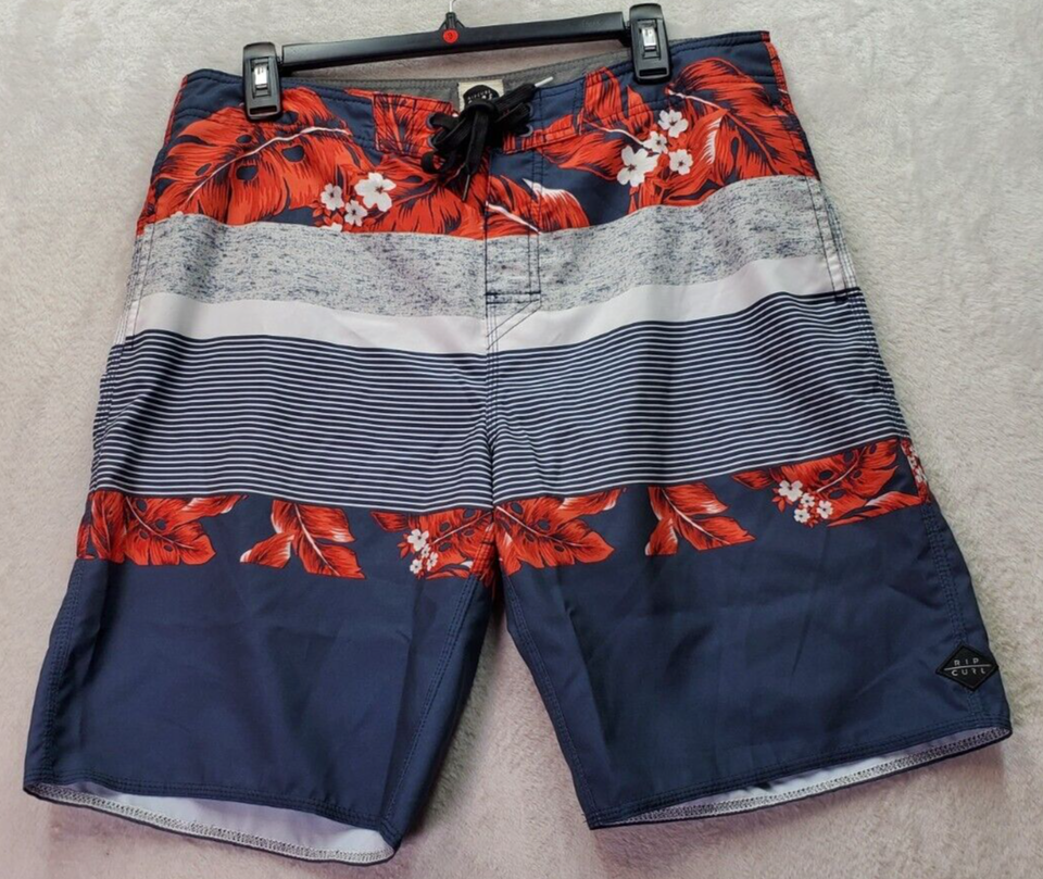 RIP CURL Board Short Mens Size 32 Gray Multi Striped Slash Pockets Draws... - $17.54