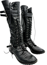 ILLUDE Womens Knee High Lace Up Buckle Combat Riding Boots Black PU size 10 - £27.75 GBP