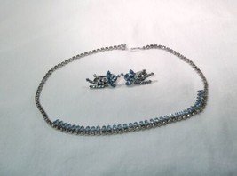 Vintage Blue Rhinestone Signed Kramer Choker Necklace &amp; Earrings Set K1490 - £35.04 GBP