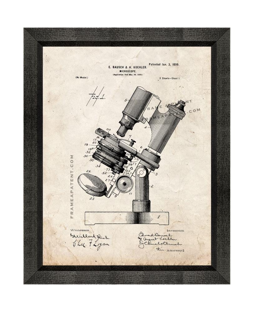 Microscope Patent Print Old Look with Beveled Wood Frame - £20.06 GBP - £88.43 GBP
