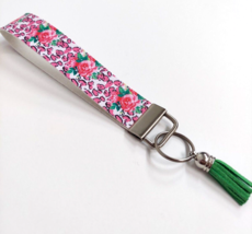 Wristlet Key Fob Keychain Faux Leather Pink Floral Roses with Tassel New - £5.40 GBP