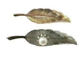 Vtg Leaf Feather Brooch Lot Silver Tone &amp; Faux Pearl and Gold Tone 2 pc - $12.00