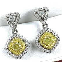 Goutte Pendantes Oreilles 1.62 Carats Coussin Trillion Diamant Jaune 14k Or - £3,358.57 GBP