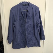 Susan Graver Blazer Jacket Womens L Purple Linen Blend Embroidered 3/4 S... - £18.43 GBP