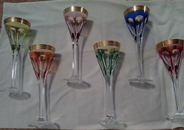 6 Pcs Dazzling 6 Gem Color Moser Crystal Lady Hamilton Tall Goblets Etched Gold - £2,359.06 GBP