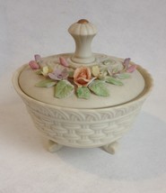 Lefton Hand Painted Candy Bowl Covered Trinket Jewelry Box Antique Ivory Floral - £27.17 GBP