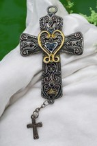 Vintage Ornate Metal Cross Pendant With Dangling Heart Filagree Religious - $14.89