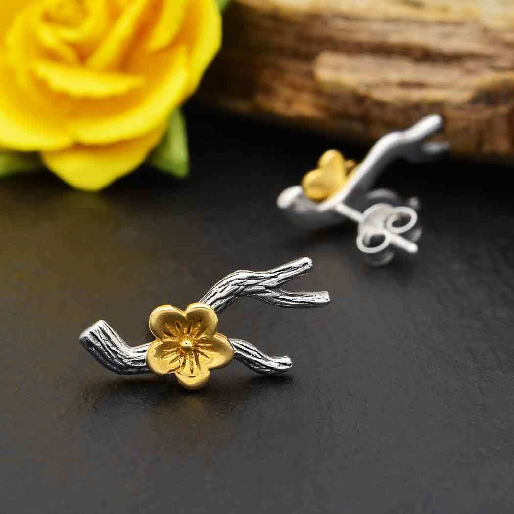  Mixed Metal Branch Earrings with Bronze Blossom 11x18mm - $46.96