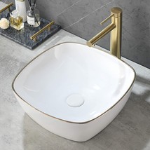 VESLA HOME Modern Square 16&quot;x16&quot; White Porcelain Gold Trim Ceramic Bathroom - £114.29 GBP