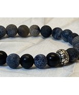 Black Crackle Agate &amp; Stone Beads Silver Accents Stretch Bracelet 6.25&quot; - £13.36 GBP