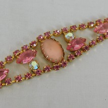 Pink White Crystal Bracelet Unsigned Gold Tone Textured Clasp 7&quot; Long Juliana? - £57.08 GBP