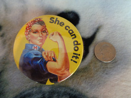 She Can Do It! Round Button Pin Strong Woman Feminism 3&quot; - £6.22 GBP