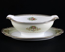 Noritake N74 Blue &amp; Floral Gravy Sauce Boat w Underplate, Vintage Occupied Japan - £11.60 GBP