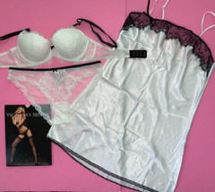 Victoria&#39;s Secret Demi 34B Bra Set+Panty+S,M Slip Black Lace White Velvet Bridal - £111.12 GBP
