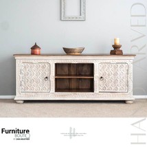 Furniture BoutiQ Handcarved White TV Cabinet | Solid Wood Carving Sideboard - £2,479.38 GBP