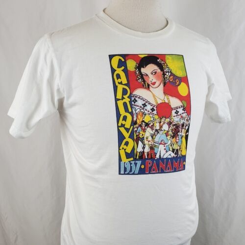 Carnaval Panama 1937 Poster T-Shirt Adult Medium White Crew Neck Organic Cotton - $18.99