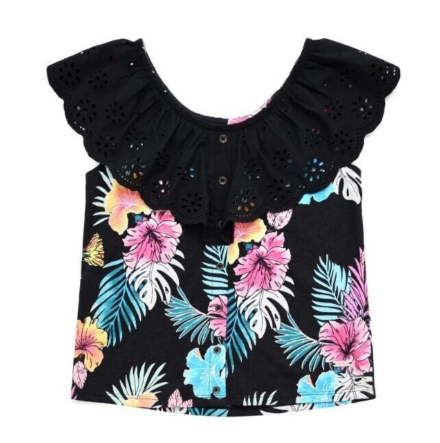 Primary image for NWT Sz 12 14 JUSTICE Girl's Top Ruffle Neckline Tropical Floral Tank Black