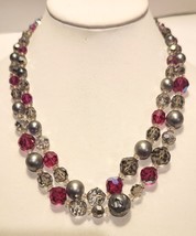 HATTIE CARNEGIE 2 Strand Necklace Red Crystals Gray Beads 20&quot; Adjustable 1950&#39;s - £63.94 GBP
