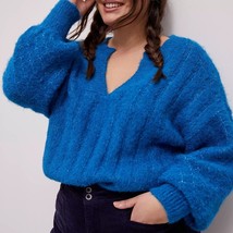 Anthropologie Pilcro Maggie Blue V Neck Fuzzy Sweater Oversized Fit Size S - $35.00