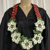 Graduation Money Lei Flower Crisp Bills Red &amp; Black Leaves Four Braided Ribbons - £60.85 GBP