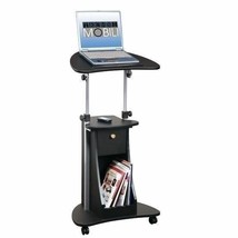 Black Wooden Rolling Laptop Desk Mobile Portable Cart Table Stand Notebook CPU - £127.74 GBP