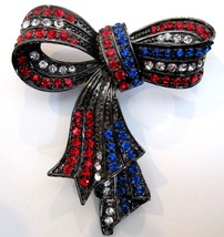 Ribbon Pin Brooch Flag Design Patriotic Red, White Blue Japanned Setting - $14.95