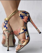 Peacock Feather Print Double Band Stiletto Heels By ChickMe Size US6 EU37 - £35.80 GBP