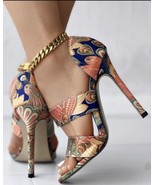 Peacock Feather Print Double Band Stiletto Heels By ChickMe Size US6 EU37 - £35.04 GBP