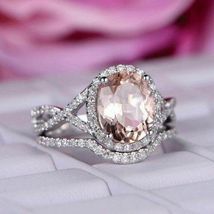 2.50Ct CushionCut Morganite Halo Bridal Set Engagement Ring 14K White Gold Over - £69.53 GBP