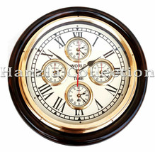 Nautical Vintage Handmade Brass 16&quot; Wall Clock Antique Style World Time Wooden - £82.30 GBP