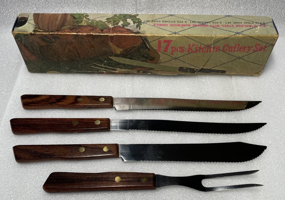 Primary image for VINTAGE 5 PC kitchen Carving SET STAINLESS STEEL -ROSEWOOD Handles Made In Japan