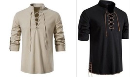 Men&#39;s Casual Long Sleeve Henry Shirt Lace-Up Stand-Up Collar Cotton Line... - £11.78 GBP