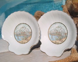 Vintage Lefton Shell Dishes Pair Birds White Egrets Heron Florida 1987 - £15.65 GBP