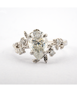 White Gold Ring Pear/Tear Shaped Moissanite and Leaf Shaped Nature Inspired - $400.00+