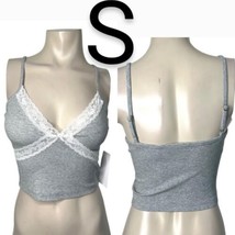 Gray &amp; White Lace Trim Ribbon Bow Cami Straps Ribbed Stretchy Crop Top~Size S - £15.47 GBP