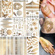 9 Sheets 110 Designs Flash Gold Temporary Tattoos Metallic For Women Adult Girl  - £19.83 GBP