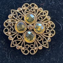 Vintage PD FLOWER BROOCH PIN Yellow &amp; AMBER Glass Rhinestone Filigree De... - £11.07 GBP