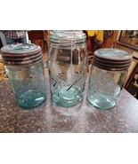 3 Vintage Embossed Ball Improved Mason Blue Glass Top Canning Fruit Jars... - £31.18 GBP