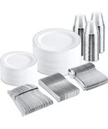 300 Pc White Silver Plastic Dinnerware Set for 50 – Plates, Cups &amp; Cutlery - $29.95