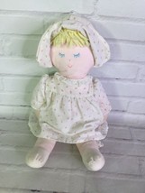 Vintage Eden Toys Cloth Prairie Doll Blonde Yarn Hair White Floral Dress Hat - £37.98 GBP