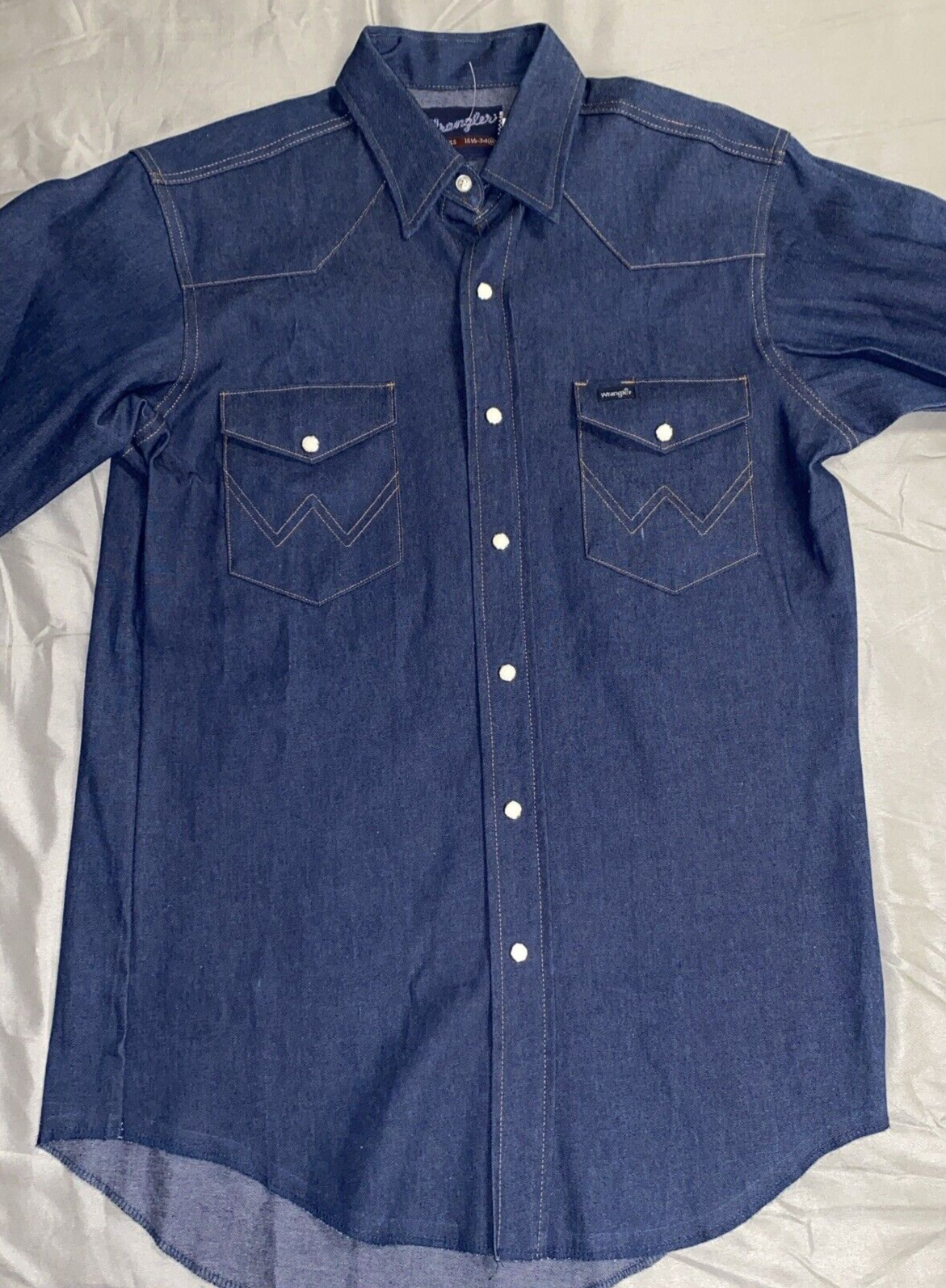 Wrangler Shirt Blue Denim Pearl Snap Western X-Long Tails Mens 15.5  - 34  M USA - $39.60
