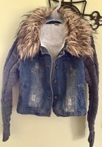 Youth Open Front Furry Jean Jacket Removable Collar w/ Fake Buttons &amp; Pockets M  - £12.58 GBP