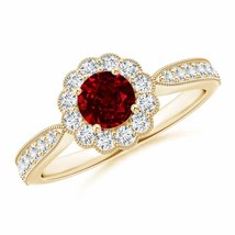 ANGARA Vintage Inspired Ruby Milgrain Ring with Diamond Halo in 14K Gold - £2,334.88 GBP
