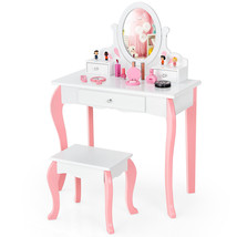 Kids Vanity Table &amp; Stool Set Wooden Little Princess Makeup Dressing Table White - £135.08 GBP