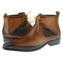 Handmade Men’s Leather Brown Lace-up Chelsea Chukka Ankle High Cognac Boots-626 - £217.86 GBP