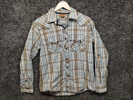 Ariat Shirt Men Medium Brown Blue Plaid Roll Tab Sleeve Button Up Western - £21.72 GBP