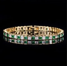10Ct Princess Cut Simulated Green Emerald Tennis Bracelet 14K Yellow Gold Plated - £182.21 GBP