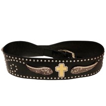 Angel Ranch Women&#39;s XL Wide Black Leather Belt w/Rhinestone Cross Wings ... - $55.49